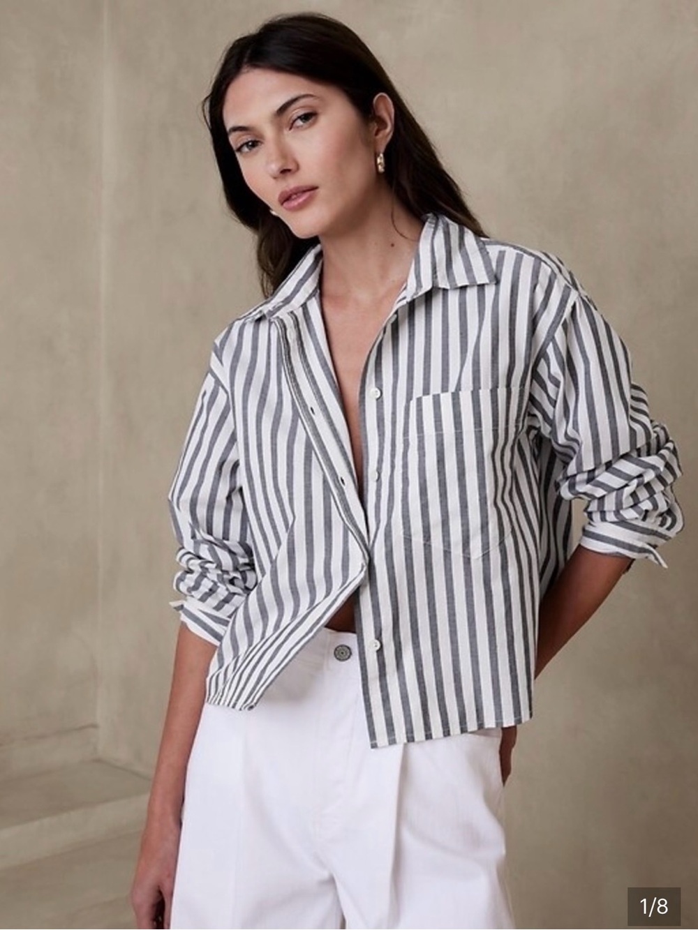 Banana Republic Boxy Crop Button Dowb - Gray & White